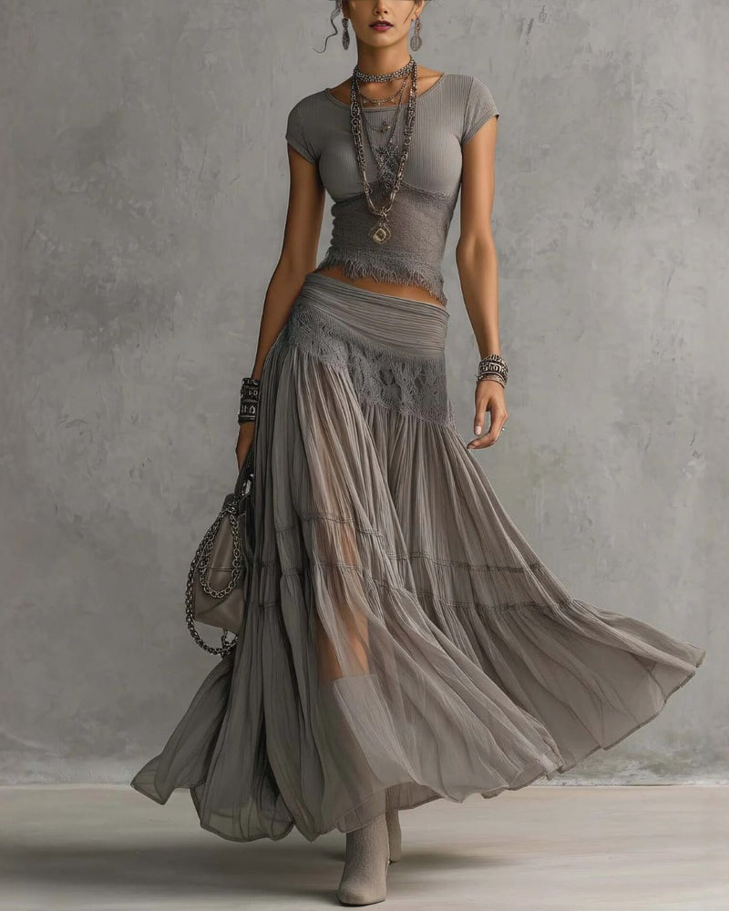 Willluxe® Lace Panel and Pleated Maxi Dress Set