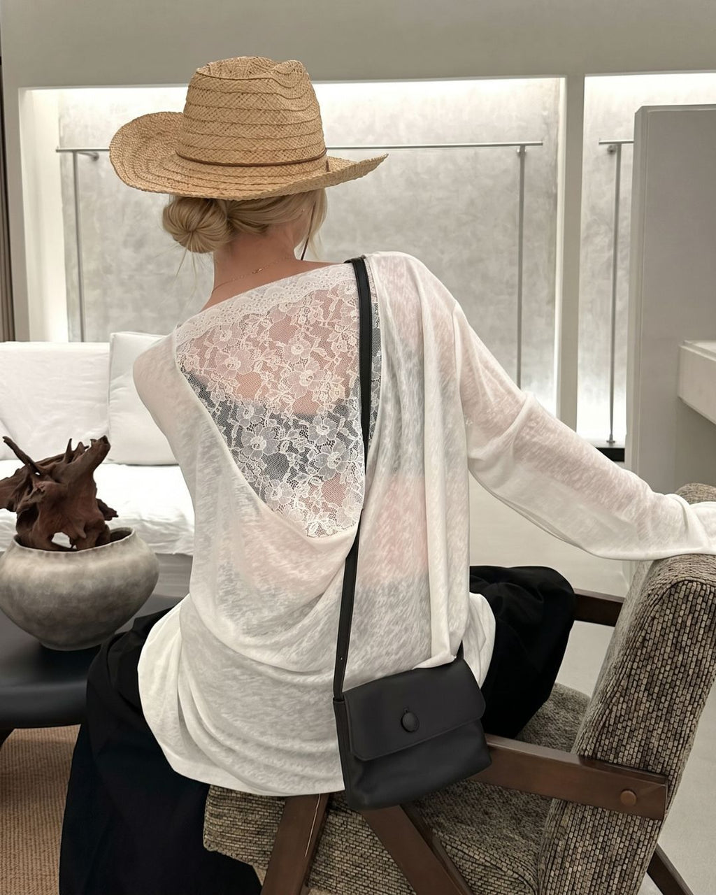 Willluxe® Lace Open-Back Statement Relaxed Fit  Basic Tee