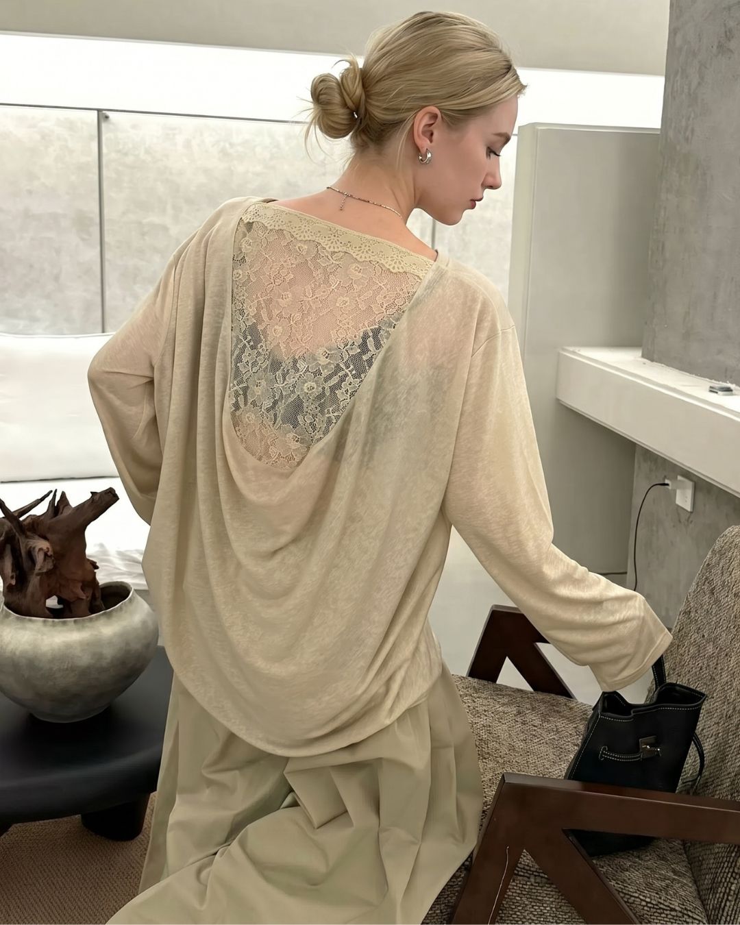 Willluxe® Lace Open-Back Statement Relaxed Fit  Basic Tee