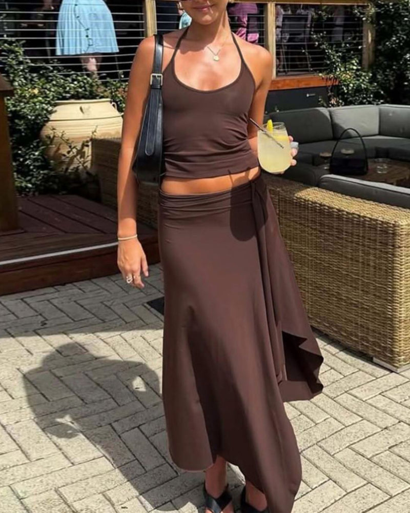 Willluxe® Backless Halter Neck Cami & Side Split Long Skirt Set