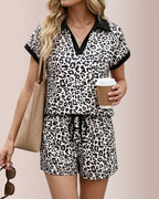 Willluxe® Wild Instinct Leopard Print Polo Collar Shorts Set