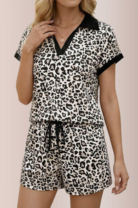 Willluxe® Wild Instinct Leopard Print Polo Collar Shorts Set