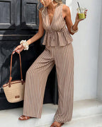 Willluxe® Striped V-Neck Peplum & Wide Leg Pants Two-Piece Set