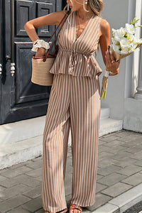 Willluxe® Striped V-Neck Peplum & Wide Leg Pants Two-Piece Set
