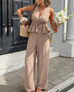 Willluxe® Striped V-Neck Peplum & Wide Leg Pants Two-Piece Set