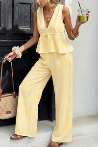 Willluxe® Striped V-Neck Peplum & Wide Leg Pants Two-Piece Set