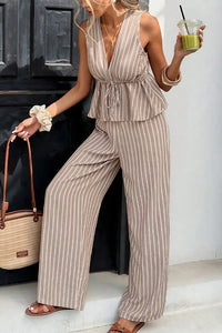 Willluxe® Striped V-Neck Peplum & Wide Leg Pants Two-Piece Set