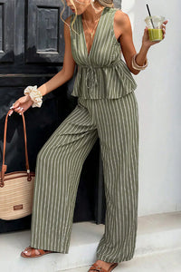 Willluxe® Striped V-Neck Peplum & Wide Leg Pants Two-Piece Set