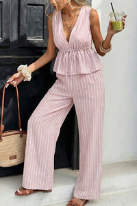 Willluxe® Striped V-Neck Peplum & Wide Leg Pants Two-Piece Set