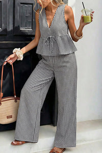Willluxe® Striped V-Neck Peplum & Wide Leg Pants Two-Piece Set