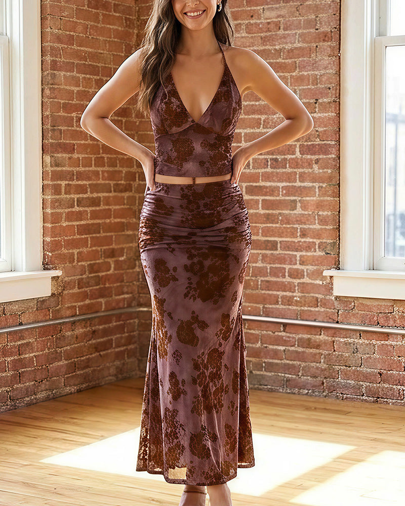 Willluxe® Floral Halter Tie Crop Top & Ruched Midi Skirt Two-Piece Set