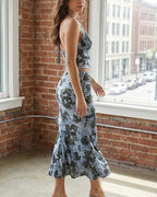 Willluxe® Floral Halter Tie Crop Top & Ruched Midi Skirt Two-Piece Set
