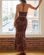 Willluxe® Floral Halter Tie Crop Top & Ruched Midi Skirt Two-Piece Set