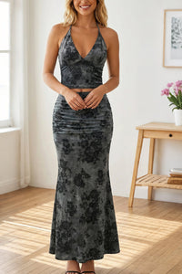 Willluxe® Floral Halter Tie Crop Top & Ruched Midi Skirt Two-Piece Set