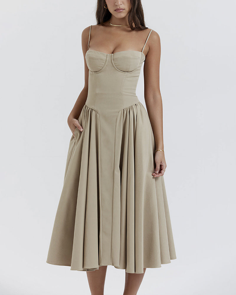 Willluxe® French Vintage Corset Midi Dress With Pockets