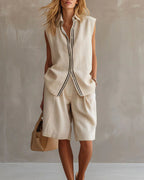 Willluxe® Casual Sleeveless Button-Down Shirt & Shorts Two-Piece Set
