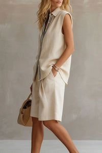 Willluxe® Casual Sleeveless Button-Down Shirt & Shorts Two-Piece Set