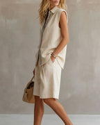 Willluxe® Casual Sleeveless Button-Down Shirt & Shorts Two-Piece Set