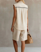 Willluxe® Casual Sleeveless Button-Down Shirt & Shorts Two-Piece Set