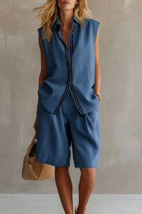 Willluxe® Casual Sleeveless Button-Down Shirt & Shorts Two-Piece Set