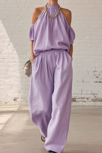 Willluxe® Folds And Halter Closure Casual Wide Leg Pants Set