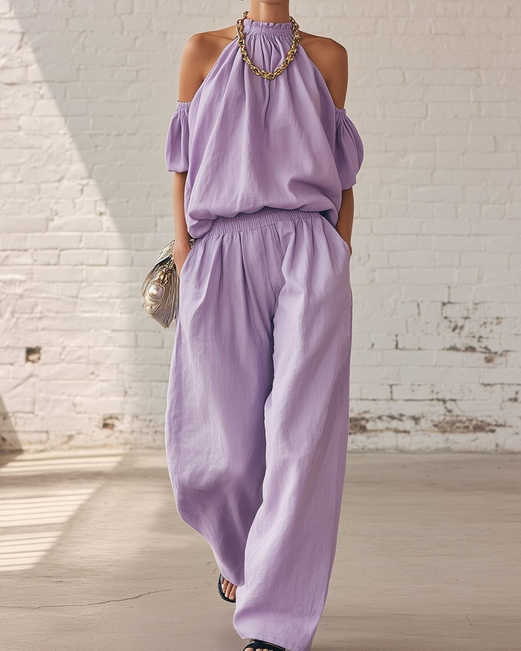 Willluxe® Folds And Halter Closure Casual Wide Leg Pants Set