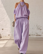 Willluxe® Folds And Halter Closure Casual Wide Leg Pants Set