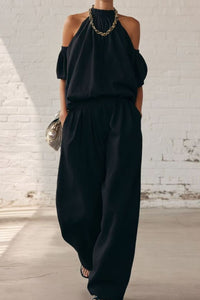 Willluxe® Folds And Halter Closure Casual Wide Leg Pants Set