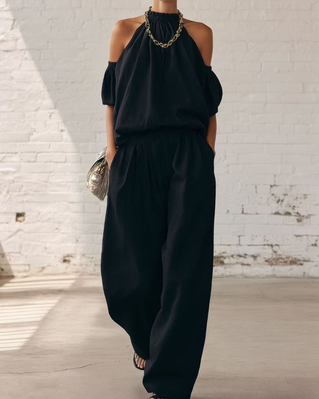 Willluxe® Folds And Halter Closure Casual Wide Leg Pants Set