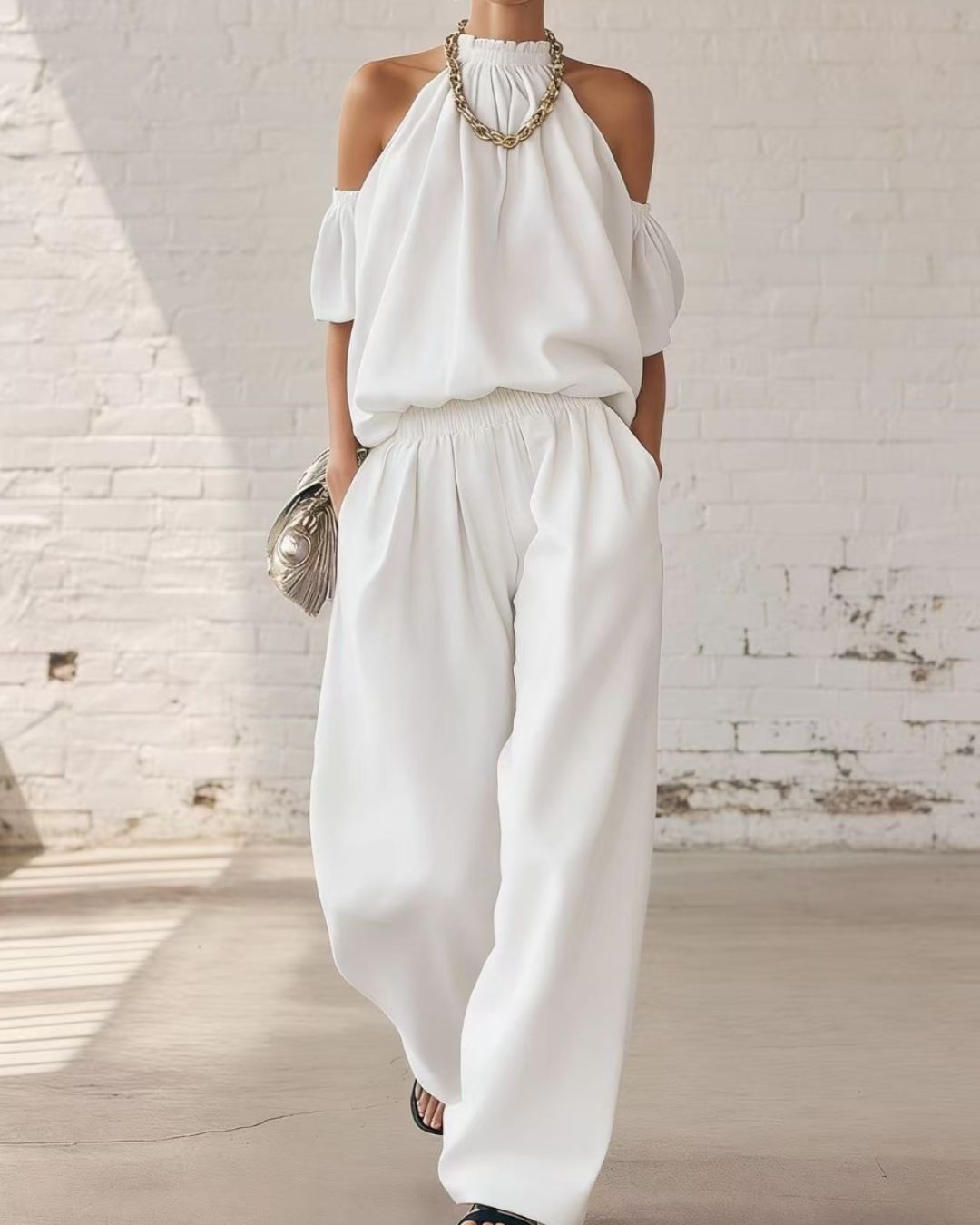 Willluxe® Folds And Halter Closure Casual Wide Leg Pants Set