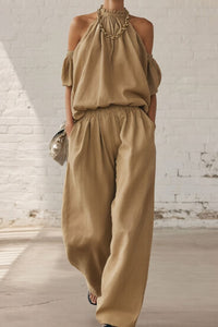 Willluxe® Folds And Halter Closure Casual Wide Leg Pants Set