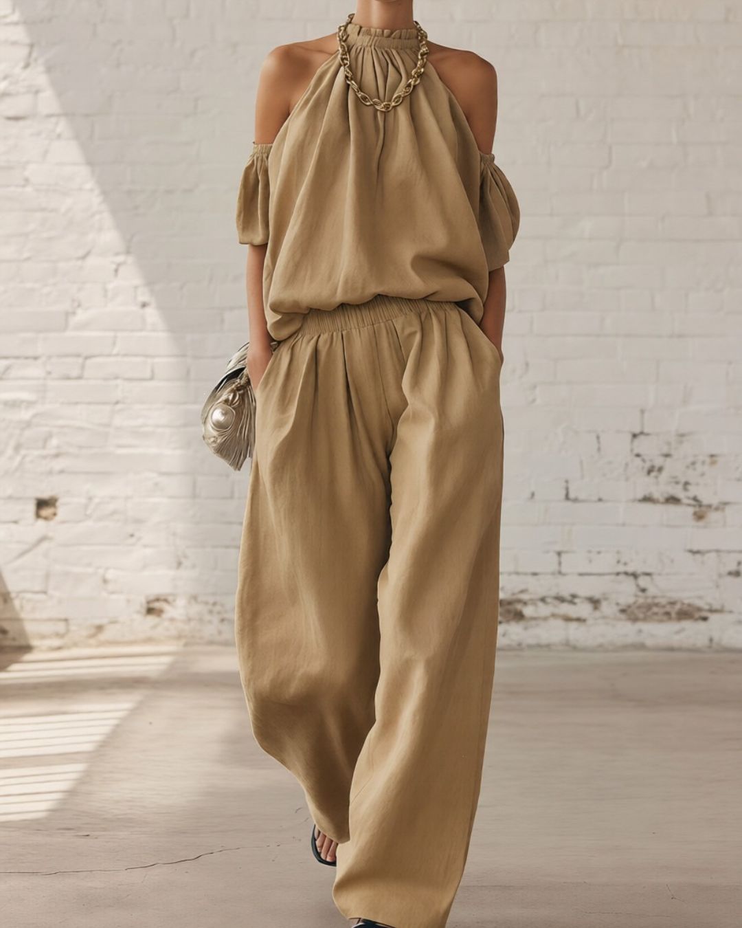 Willluxe® Folds And Halter Closure Casual Wide Leg Pants Set