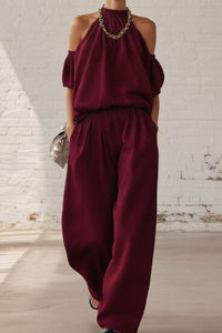 Willluxe® Folds And Halter Closure Casual Wide Leg Pants Set