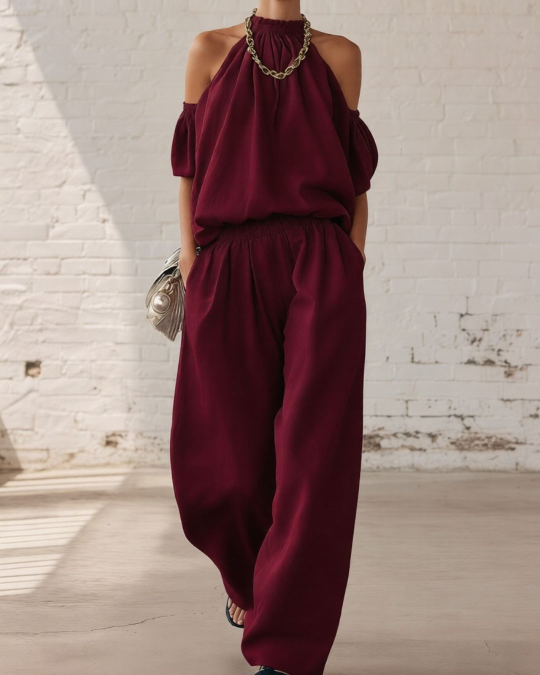 Willluxe® Folds And Halter Closure Casual Wide Leg Pants Set