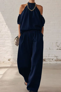 Willluxe® Folds And Halter Closure Casual Wide Leg Pants Set