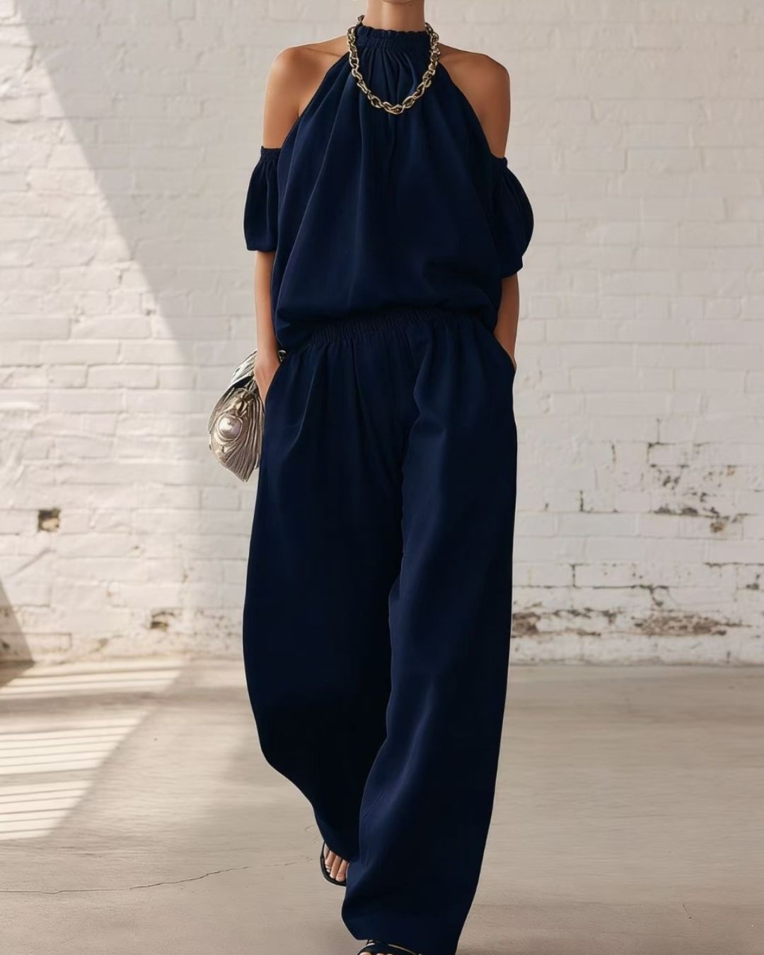 Willluxe® Folds And Halter Closure Casual Wide Leg Pants Set