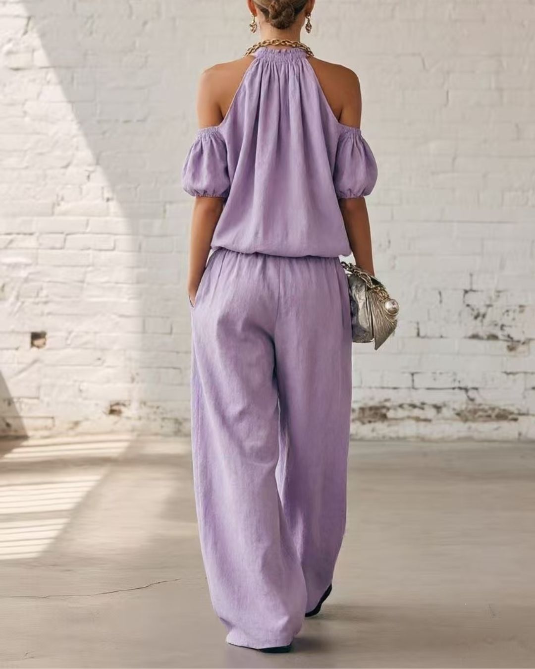 Willluxe® Folds And Halter Closure Casual Wide Leg Pants Set