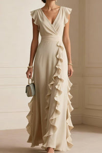 Willluxe® Ruffled V Neck Elegant Slit Maxi Dress