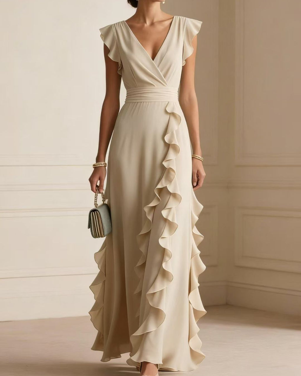 Willluxe® Ruffled V Neck Elegant Slit Maxi Dress