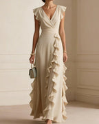 Willluxe® Ruffled V Neck Elegant Slit Maxi Dress