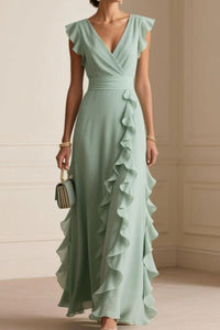 Willluxe® Ruffled V Neck Elegant Slit Maxi Dress