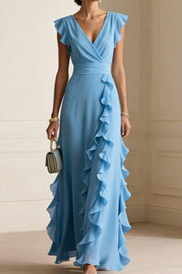 Willluxe® Ruffled V Neck Elegant Slit Maxi Dress