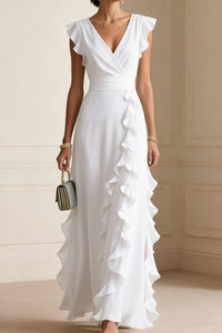 Willluxe® Ruffled V Neck Elegant Slit Maxi Dress