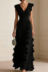 Willluxe® Ruffled V Neck Elegant Slit Maxi Dress