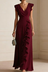 Willluxe® Ruffled V Neck Elegant Slit Maxi Dress