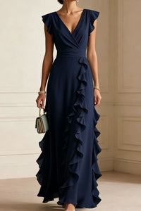 Willluxe® Ruffled V Neck Elegant Slit Maxi Dress
