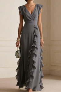 Willluxe® Ruffled V Neck Elegant Slit Maxi Dress