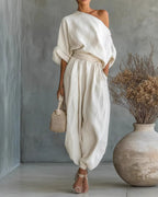 Willluxe®  Off-White Off-Shoulder Two-Piece Set