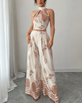 Willluxe® Botanical Halter Open-Back Wide Leg Two-Piece Set