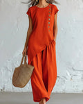 Willluxe® Asymmetrical Button Top & Wide-Leg Pants Lounge Set